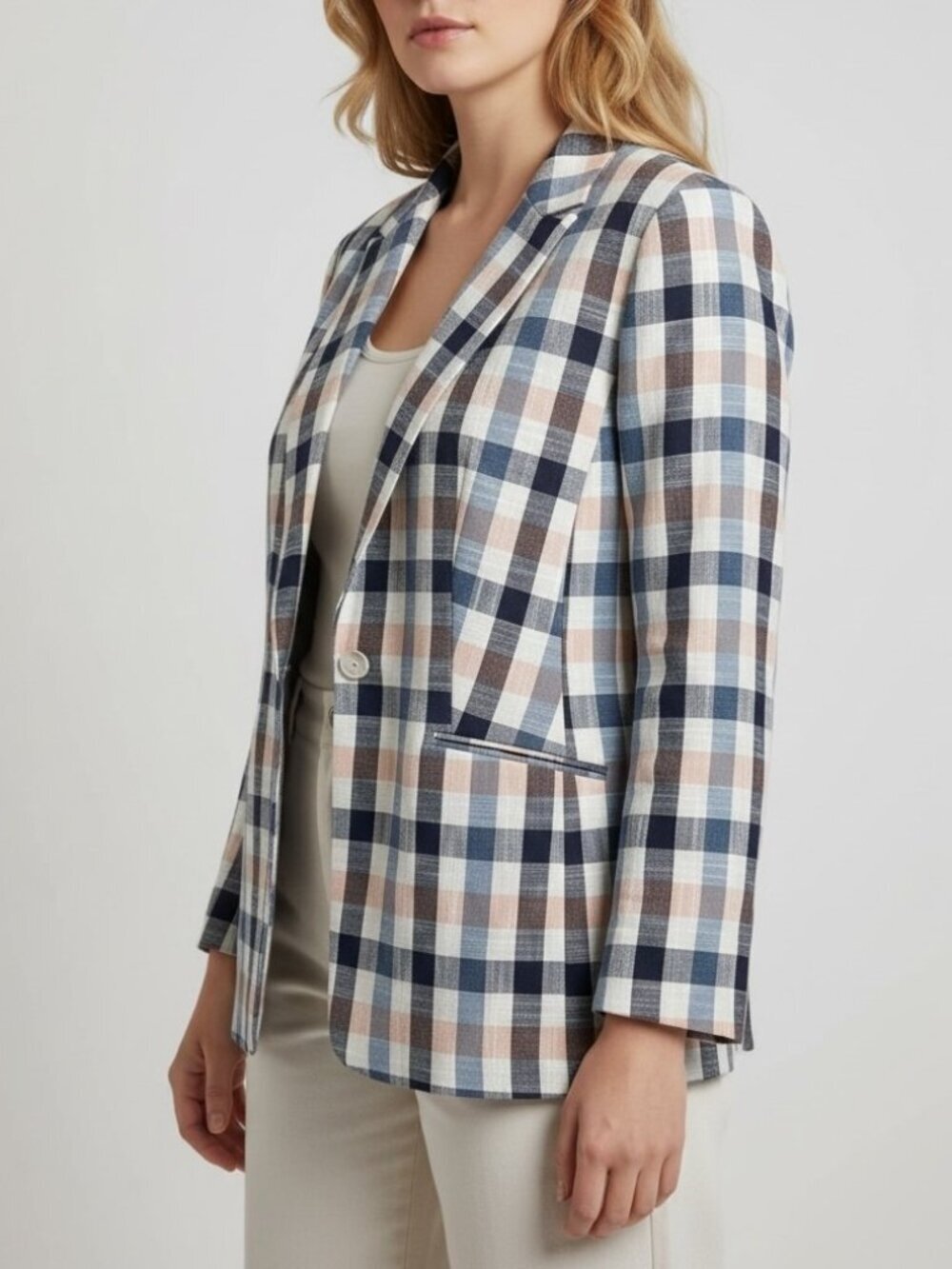 NEW Talbots 18W Plaid Cotton Blend Blazer Blue Pink One Button Career Jacket